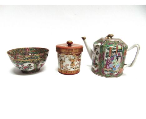 A FAMILLE VERTE CANTON TEAPOT  decorated with alternating panels of birds and butterflies amongst foliage and figures in cour
