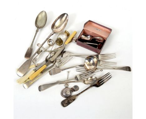 A COLLECTION OF ASSORTED ANTIQUE SILVER FLATWARE  comprising a Georgian caddy spoon, a pair of sugar tongs, six Georgian dinn
