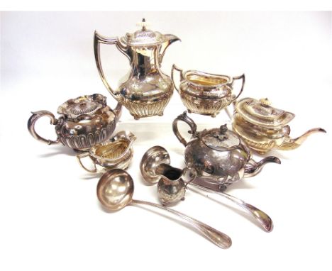 A PLATED FOUR PIECE TEA SERVICE two teapots; a cream jug; and two soup ladles