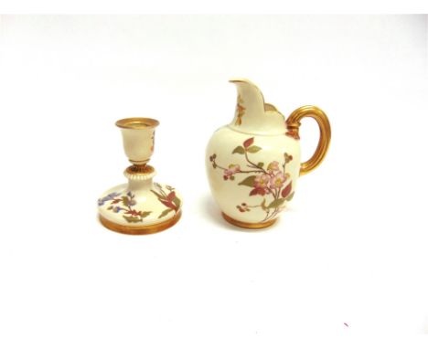 FIVE ROYAL WORCESTER BLUSH IVORY ITEMS:  a  jug pattern 1094, puce printed mark and date code for 1890, 15cm high; a candlest