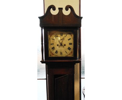 A 19TH CENTURY PROVINCIAL LONGCASE CLOCK  with 8-day movement, the enamel dial with subsidiary seconds dial and calendar aper