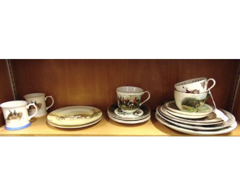 ASSORTED HUNTING DECORATED CHINA  to include mugs, cups and saucers, wall plates etc.