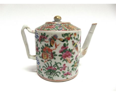 A CHINESE TEAPOT OF CYLINDRICAL FORM  decorated with birds, butterflies and foliage in the Famille Rose palette, 16cm high