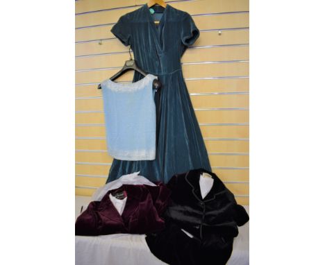 A vintage burgundy velvet Louis Feraud skirt suit, black velvet Jaeger skirt suit, long blue velvet evening dress and a Kai-M