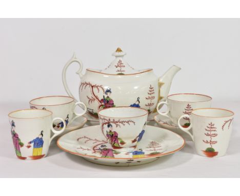 A New Hall soft paste porcelain part tea and coffee servicec.1800, boldly painted with a Long Eliza and boy in a garden with 