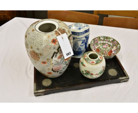 A Chinese ebonised tray with white metal mounts early 20th century; together with a Japanese vase (drilled to base for lamp c