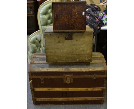 A antique dome top steamer trunk together with a wooden storage box and pigeon carrier. (3)