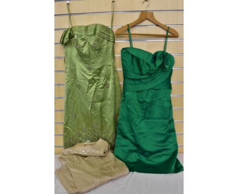 Two vintage Susan Small satin wiggle dresses, one emerald green the other pale green with beaded floral pattern together with