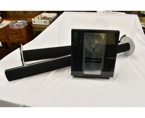 A Bang and Olufsen Beocenter 2300 CD with Beolab 6000 pillar speakers and BEO4 remote and Ouverture CD floor stand. (A/F cd n