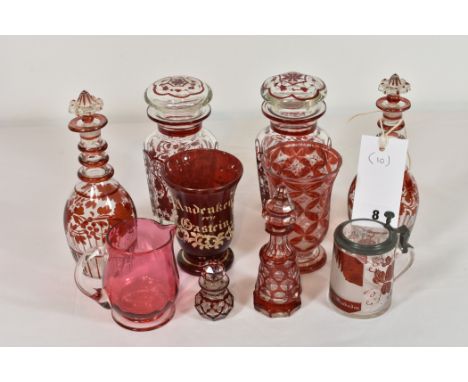 A collection of ruby flash glassware and a small cranberry glass jug. (10)