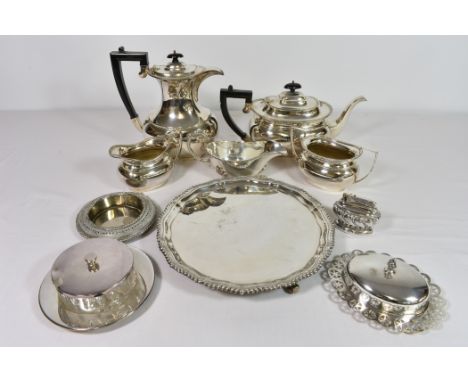 A four piece silver plated tea &amp; coffee service together with various other plated items, to include a Ronson table light