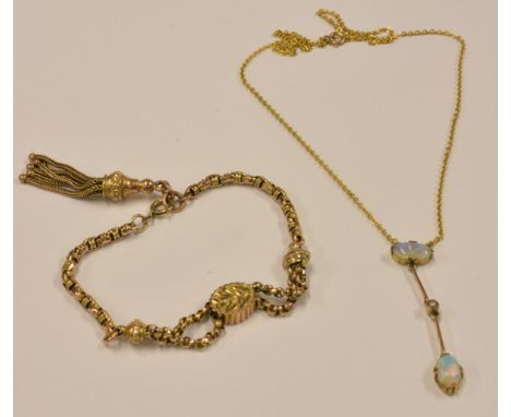 A Victorian 9ct gold bracelet and 9ct gold opal and seed pearl pendant necklet.   