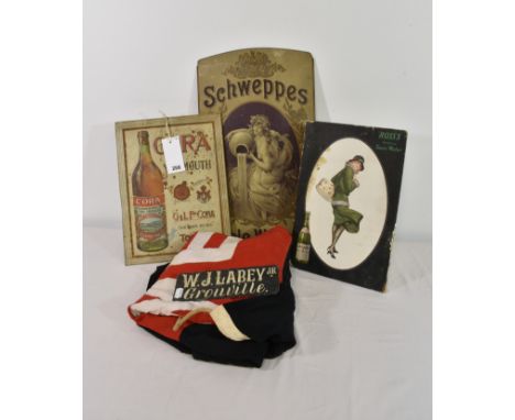 Three vintage advertising signs to include a Schweppes Table Waters tinplate fold out countertop sign, Cora Vermouth tinplate