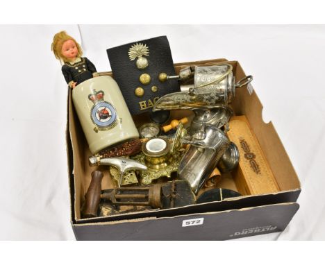 A small group of military badges &amp; buttons together with a Victorian brass inkwell; another brass double inkwell; a boxed