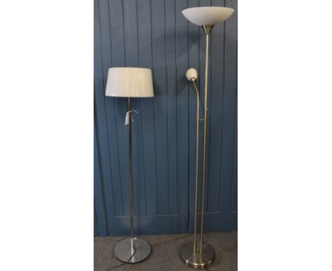 A chrome and glass standard lamp together with another (2)