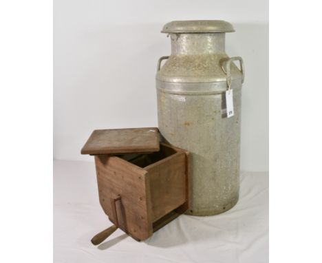 A vintage aluminium milk churn together with a wooden butter churn (2)