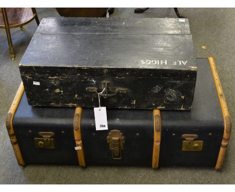 A black steamer travel trunk with lift out tray together with a 'stand by box' owned by Alfred Higgs, a signwriter for Paramo