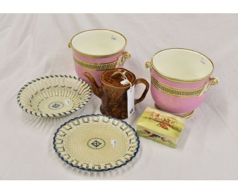 A Royal Doulton box with fox hunting scene plus two pink urns and Spode basket weave bowl and plate and a brown teapot with l