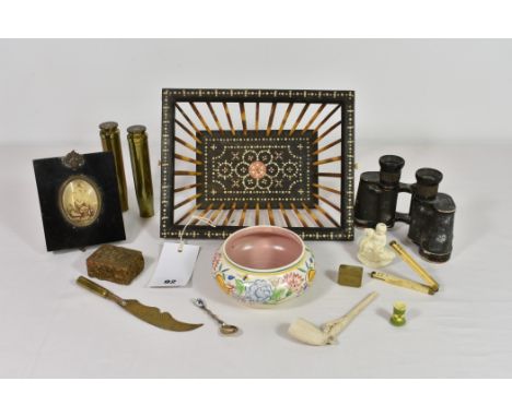 A group of collectables including a pair of of WW2 German Carl Zeiss Jena binoculars; two brass shell cases; a trench art pap