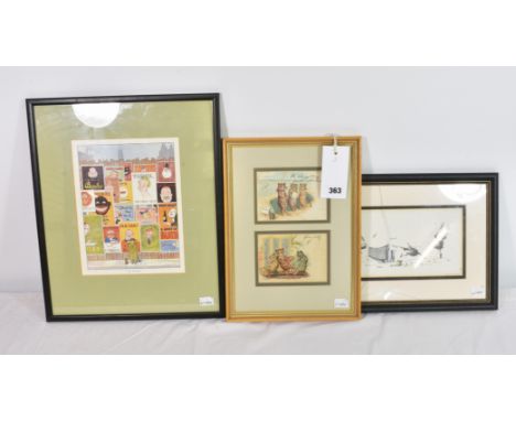 A framed pair of Louis Wain cat postcards together with a Fougasse print, 'The Killjoy'; and an amusing French tennis print. 