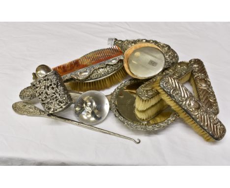 A silver powder compact and collection of silver mounted vanity items the circular engine-turned compact by Joseph Gloster Lt
