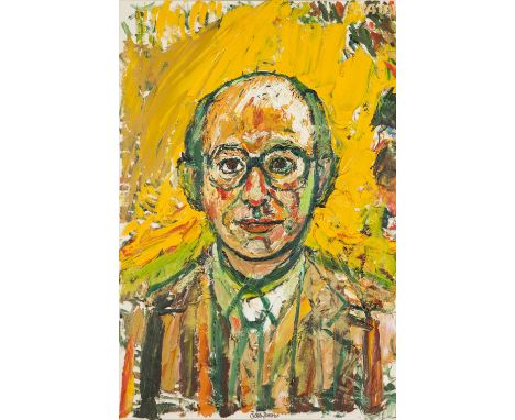 •JOHN RANDALL BRATBY (1928-1992) OIL PAINTING Head and shoulders portrait of Sir Gerald Kaufman Signed John Bratby and with d