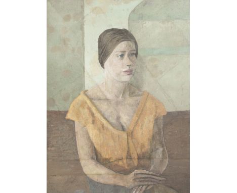 DAVID WILD (1931-2014) OIL PAINTING ON BOARD Half length portrait of a seated female figure in yellow dress Unsigned, numbere