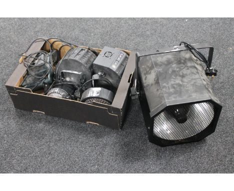 An Equinox UV Canon light, a box of four assorted disc lights and a Black &amp; Decker sander 