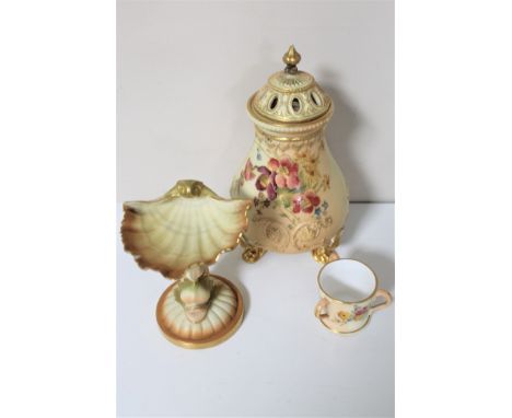 Three pieces of Royal Worcester blush ivory - miniature loving cup, shell dish comport and a lidded vase 