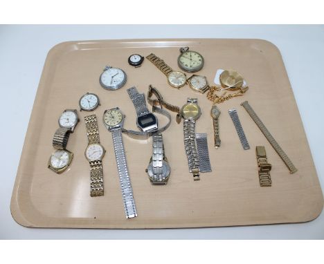 A tray of various wristwatches and timepieces; Ingersoll, Casio, Sekonda etc