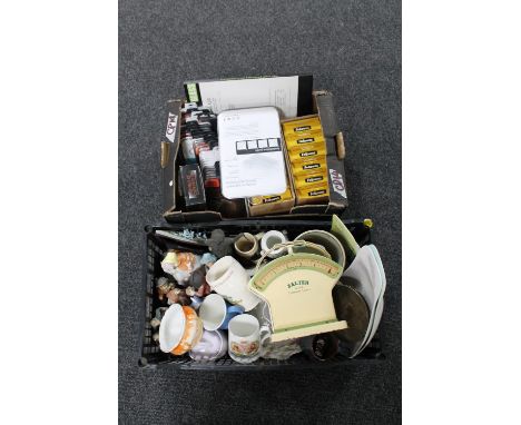 A basket containing Carlton ware dishes, commemorative mugs, Salter scales etc, together with a further box containing glass 