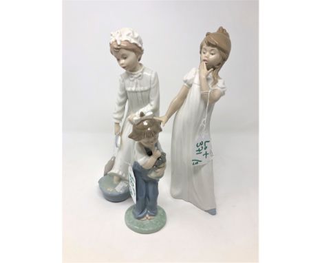 A Nao china figure : Young girl in nightdress washing her feet, height 28 cm, together with two further Nao china figures bot