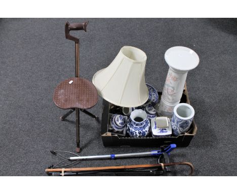 A box containing blue and white china including Copeland Spode plate, Ringtons vases and caddies, jardiniere stand, together 