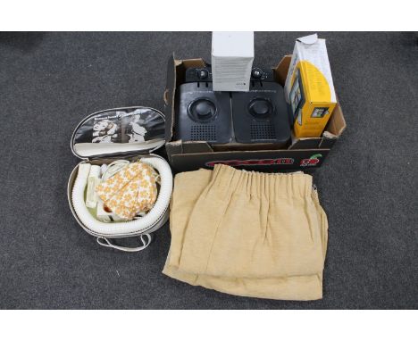 Two boxes of curtains, Ronson Escort hair drying set, digital photo frame, table lamp together with double fryer 