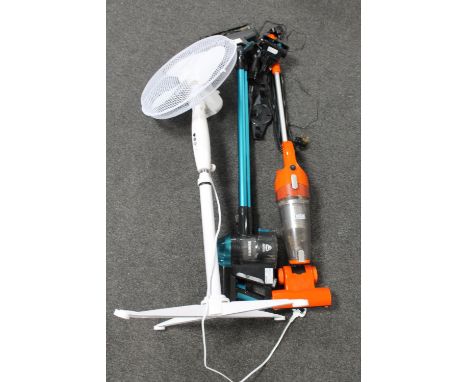 An electric floor fan, Max Senator stick vacuum and a Hoover cordless hand held vacuum &amp; accessories 