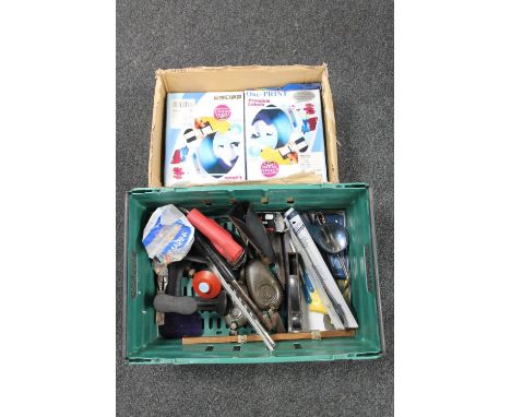A box of assorted hand tools including two Kayes of Leeds oil cans, cobbler's last etc, together with a further box containin