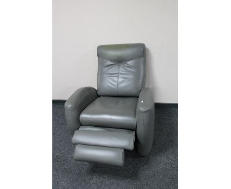 A grey leather manual reclining armchair 