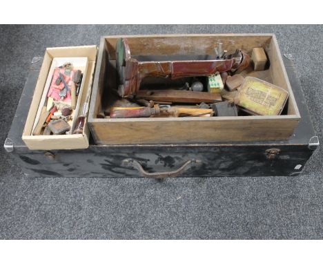 A joiner's tool box together with a small quantity of tins, tools, knight companion stand etc 