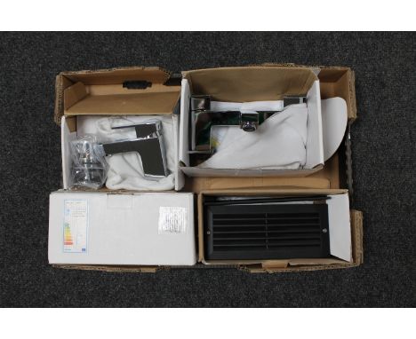 A box of bathroom mixer taps, brick light etc 
