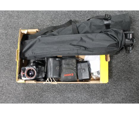 A box containing cameras to include a Chinon Genesis, Minox 35G, a Canon and Olympus camera and two camera tripods 