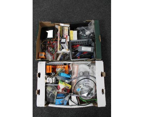 Two boxes containing tools, external hard drive, power inverter, plumbing fittings, watch back remover etc 
