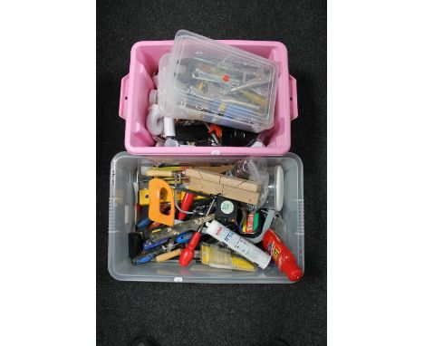 Two boxes of hand tools, plastic fittings, sealant etc 