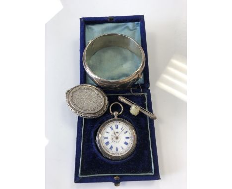 A silver continental fob watch together with a silver bangle, white metal locket and bar brooch.