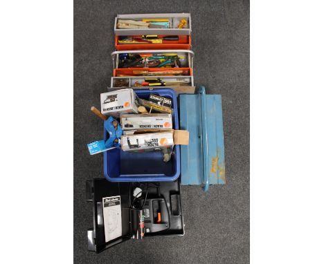 A crate of Stanley woodworking plane, chisels, Black &amp; Decker power tools and two metal concertina tool boxes of tools 