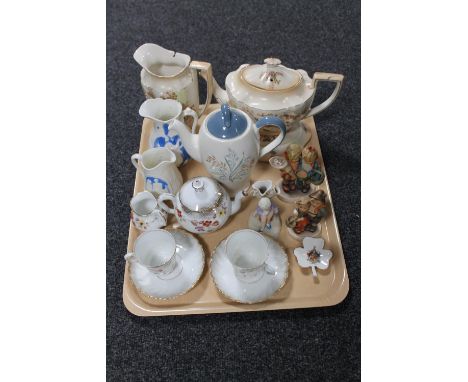 A tray of Crown Ducal teapot on stand with jug, a Grindley teapot, Victorian six piece tea for two, two Hummel figures etc 