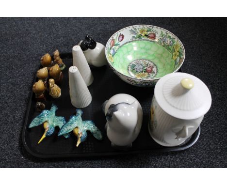 A tray containing Sylvac caddy, Maling lustre bowl, pair of Beswick Kingfisher wall plaques (a/f), Wade whimsies etc 