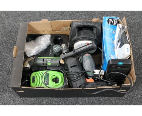A box of Ion Multi II Pro tool, assorted power tools and extension leads 