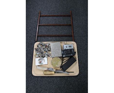 A tray of collection of crested teaspoons and a teaspoon stand, French trench art lidded box, plated cigarette box, metal and