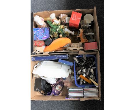 Two boxes of china, soft toys, table cutlery etc, tray of Tiffany style lamp, dressing table pieces, Chokin vases etc 
