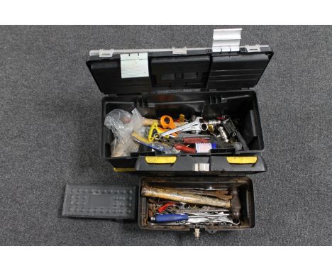 Two plastic tool boxes containing assorted hand tools together with a cased socket set